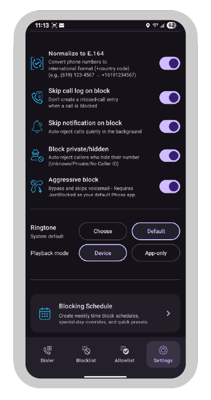 Visualization of aggressive answer and hang up setting